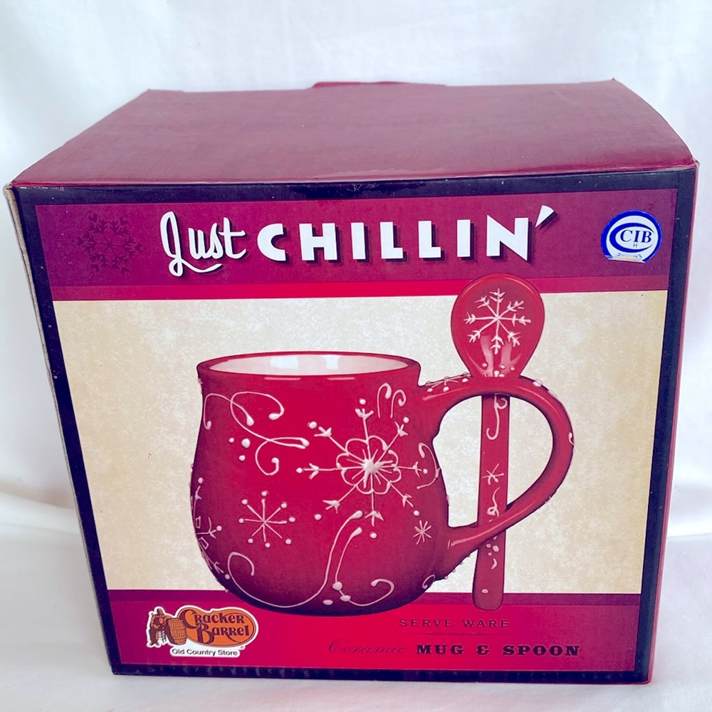 NIB Cracker Barrel Very Beautiful  Serve Ware Ceramic Red Mug & Spoon